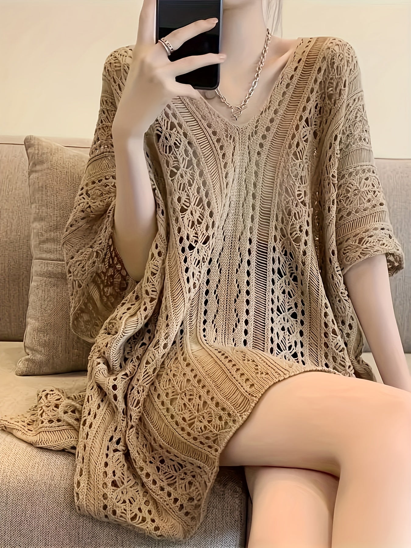 Blusa de punto de talla grande para mujer con manga batwing y escote en V de color sólido