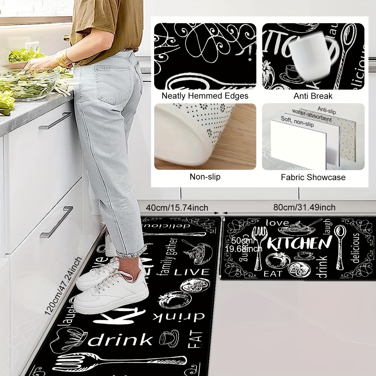 Black Kitchen Floor Mat Non-Slip Washable with Cooking and Dining Themes for Doorways Laundry Bathroom