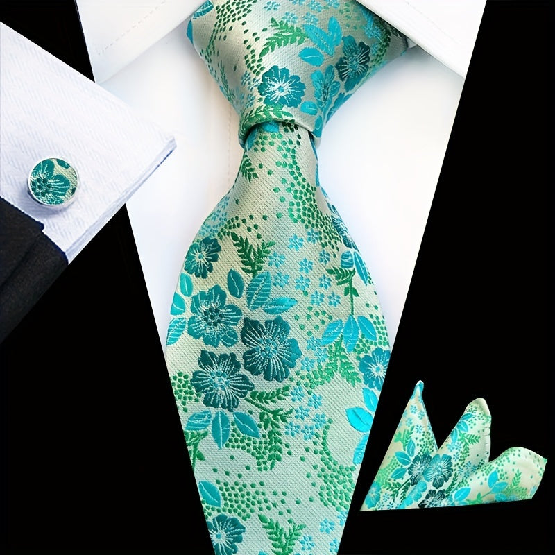 Men's 3-Piece Tie Set Floral Design Polyester Necktie Pocket Square Cufflinks for Weddings Business