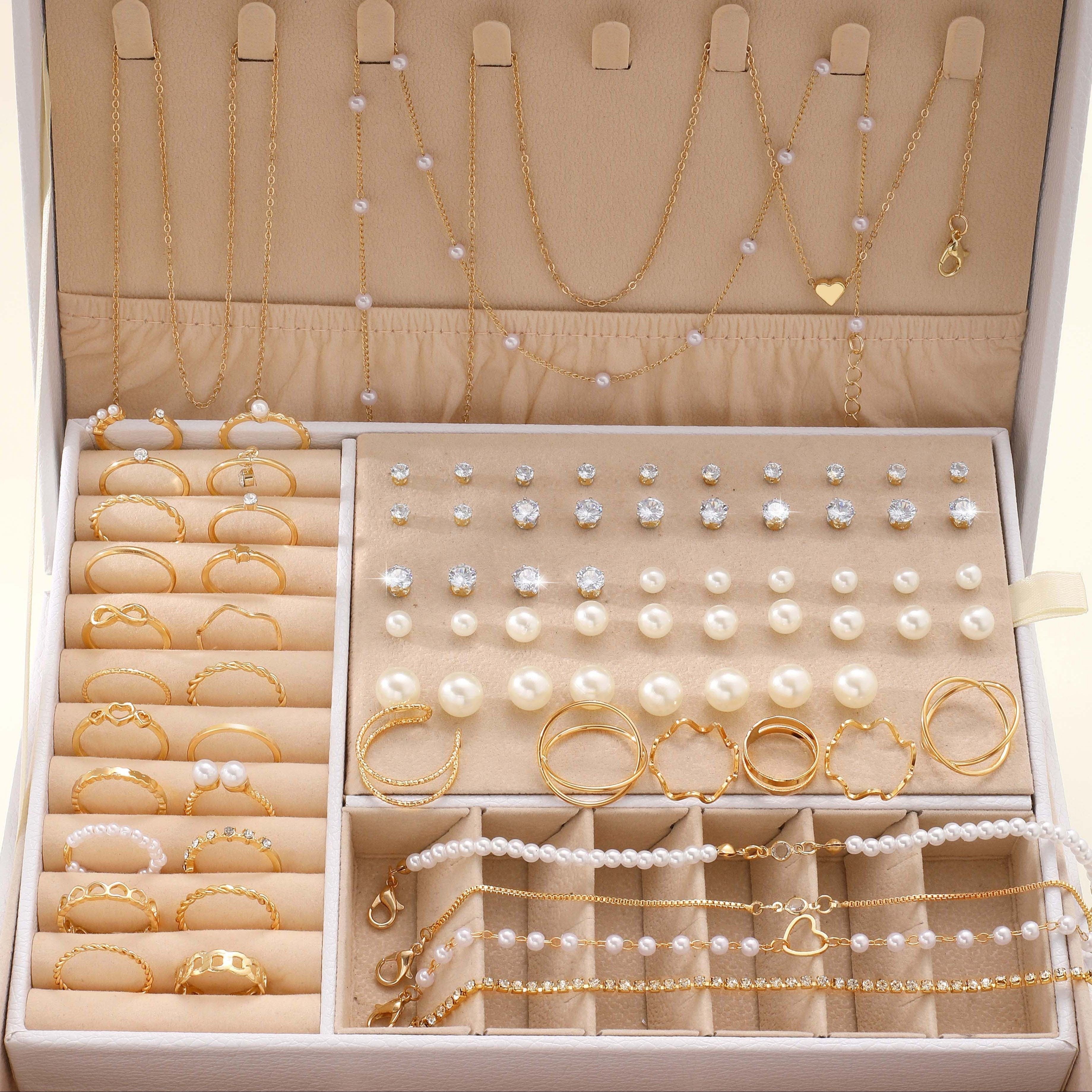 Jewelry Set with 83 Faux Pearl Rings Earrings Necklaces Bracelets for Women