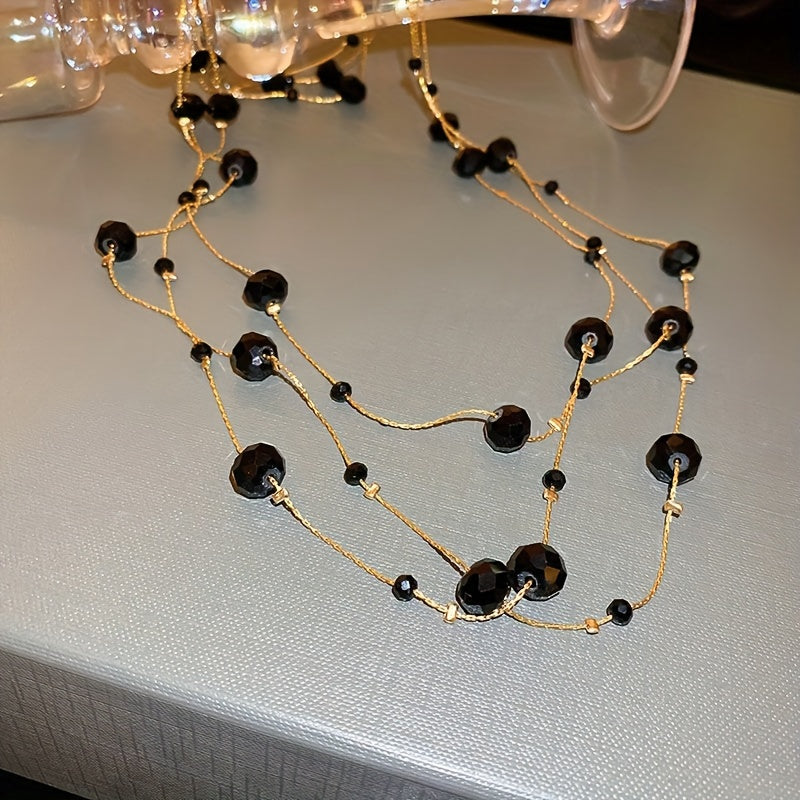 Vintage Black Glass Bead Layered Necklace for Elegant Long Chain Jewelry