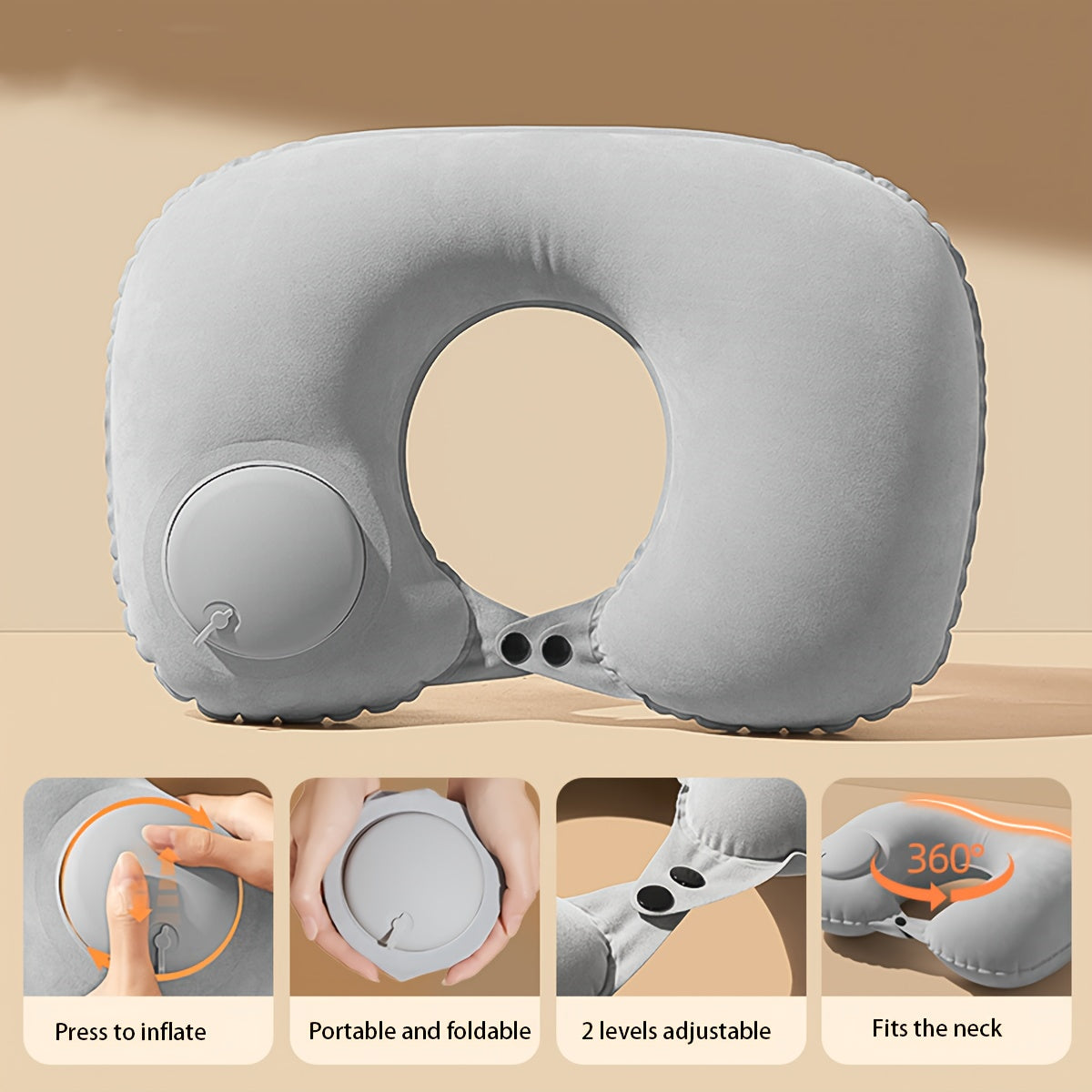Grey Travel Inflatable U-Shaped Neck Pillow with Adjustable Air Pressure for Travel and Car