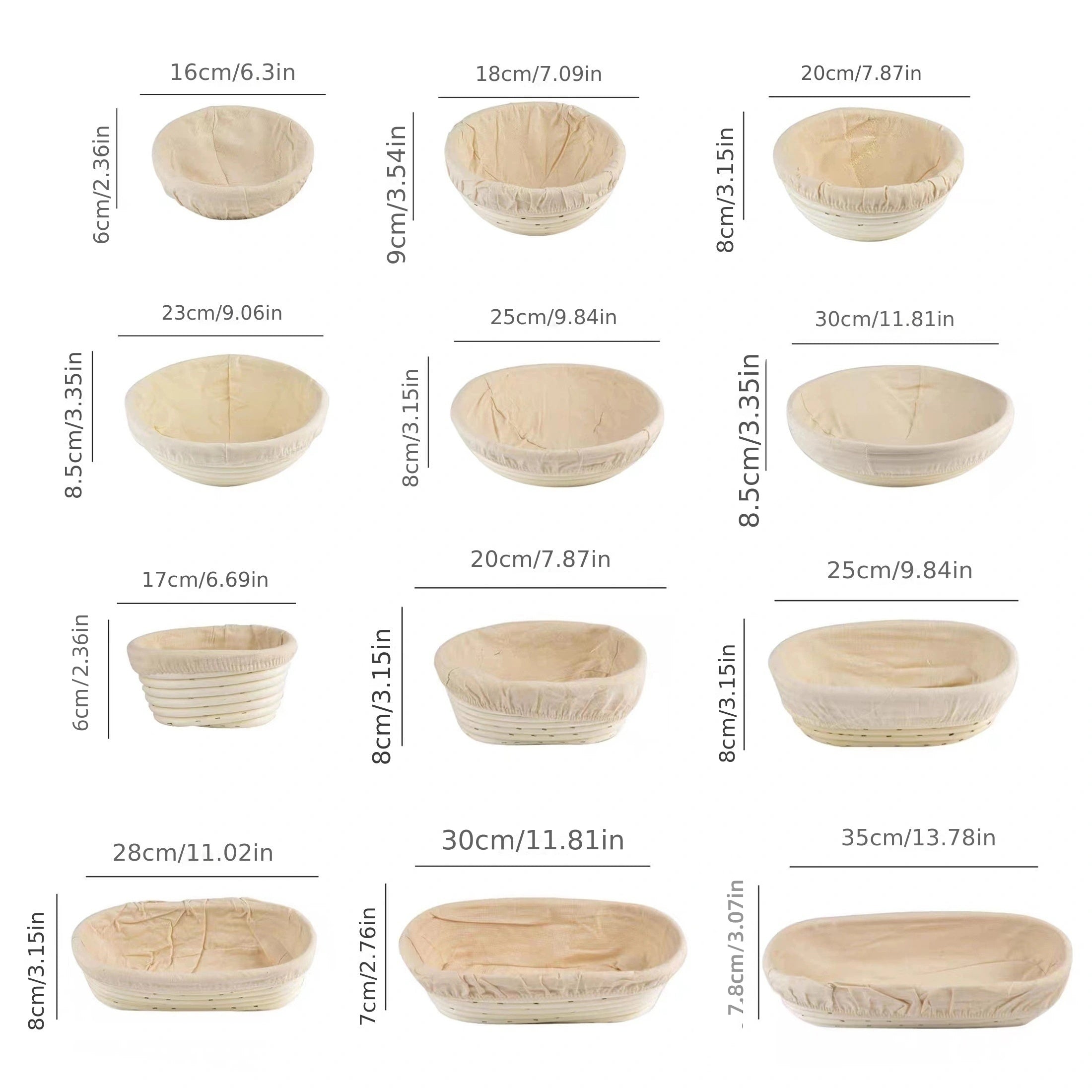 Bread Proofing Basket Set with Linen Cloth for Fermentation, Rattan, Round and Oval