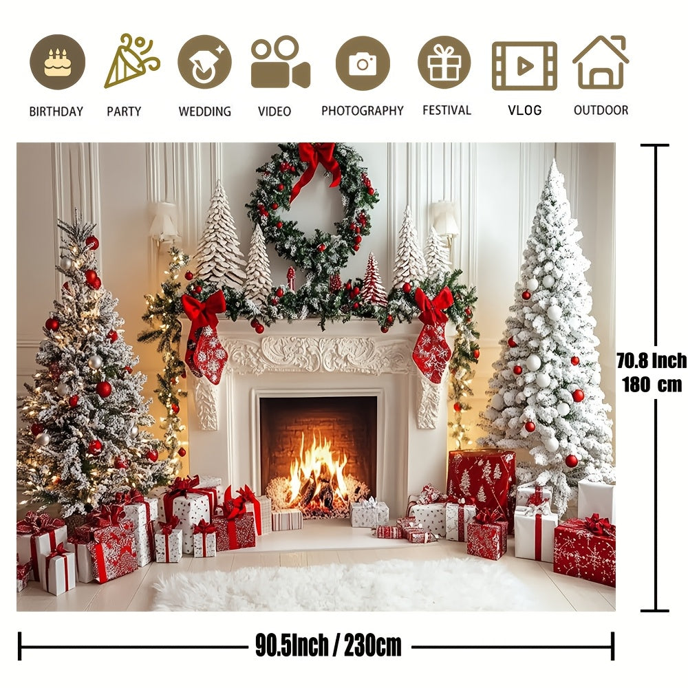 Christmas Fireplace Backdrop Polyester Holiday Photo Booth Decor