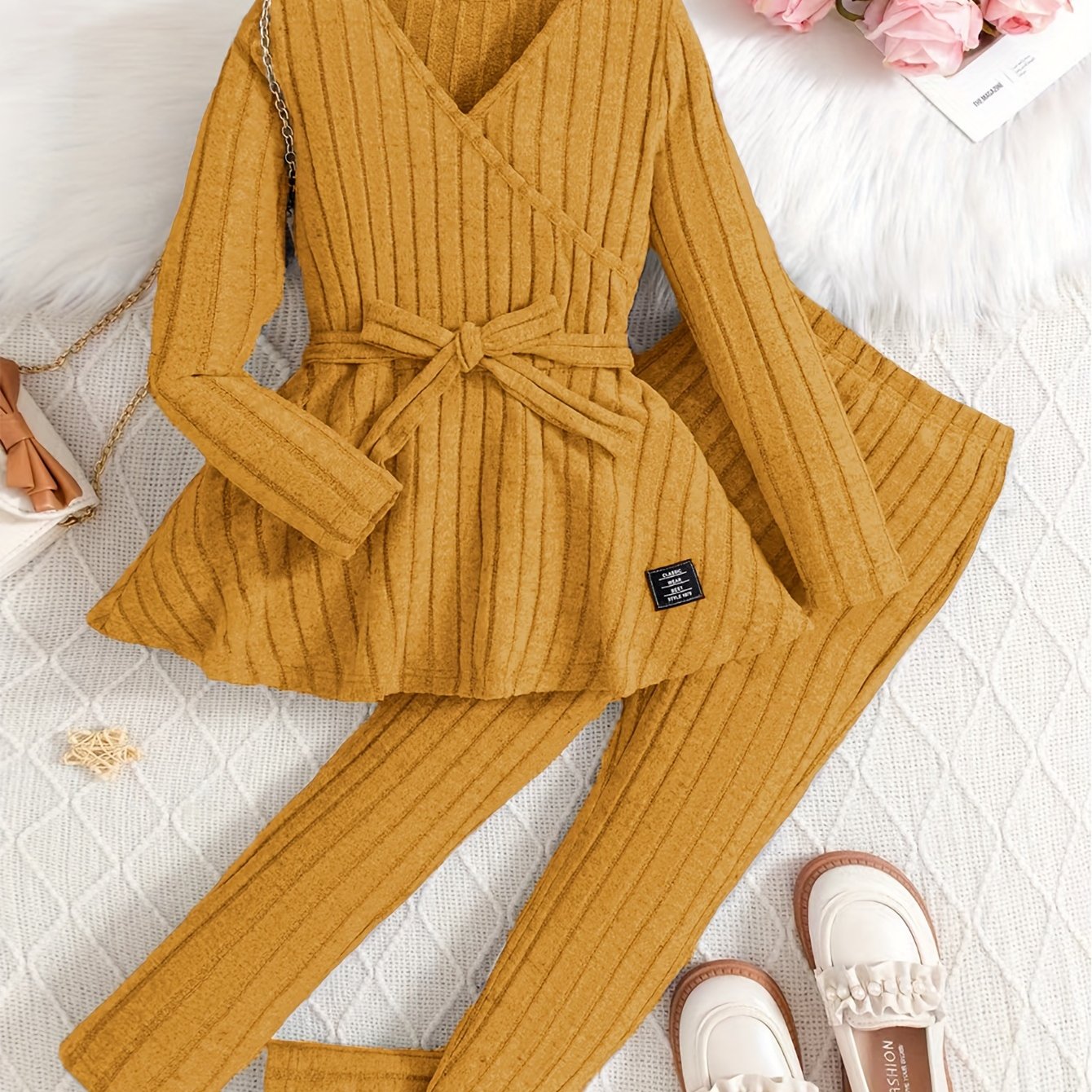 Leggings de rayas de punto de costilla ajustado para niñas primavera verano, con estiramiento medio y amigables con la piel