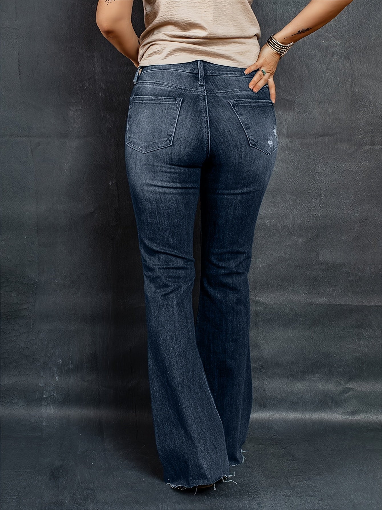 Women's Mid-Rise Stretch Denim Flare Jeans Blue Wash Frayed Bell Bottoms