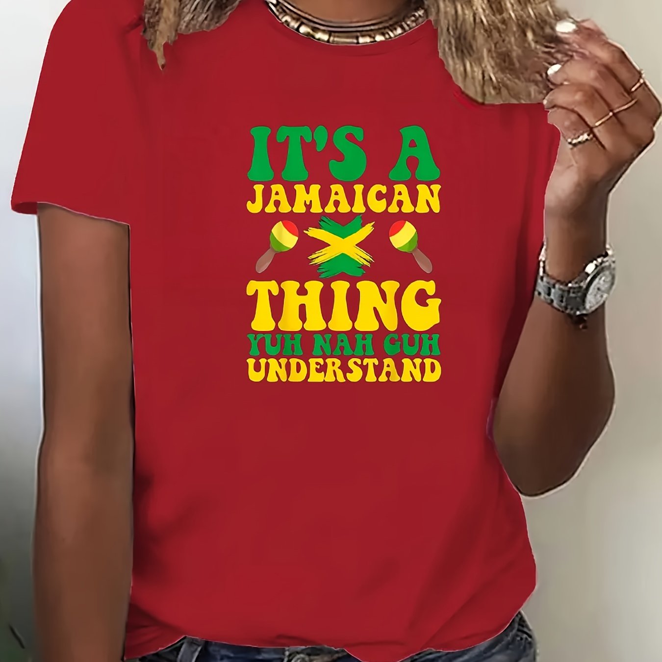 Camiseta gráfica con bandera de Jamaica para mujer, manga corta, top casual negro