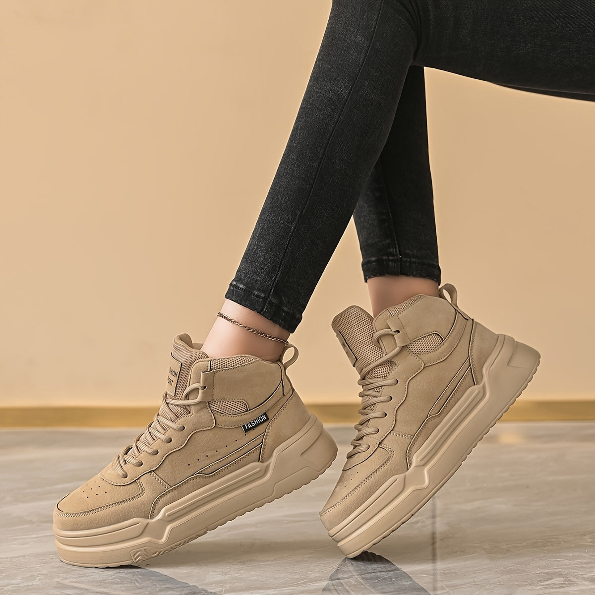 Zapatillas de moda altas para mujer, estilo callejero casual, color sólido, suela ligera de EVA, zapatos de skate