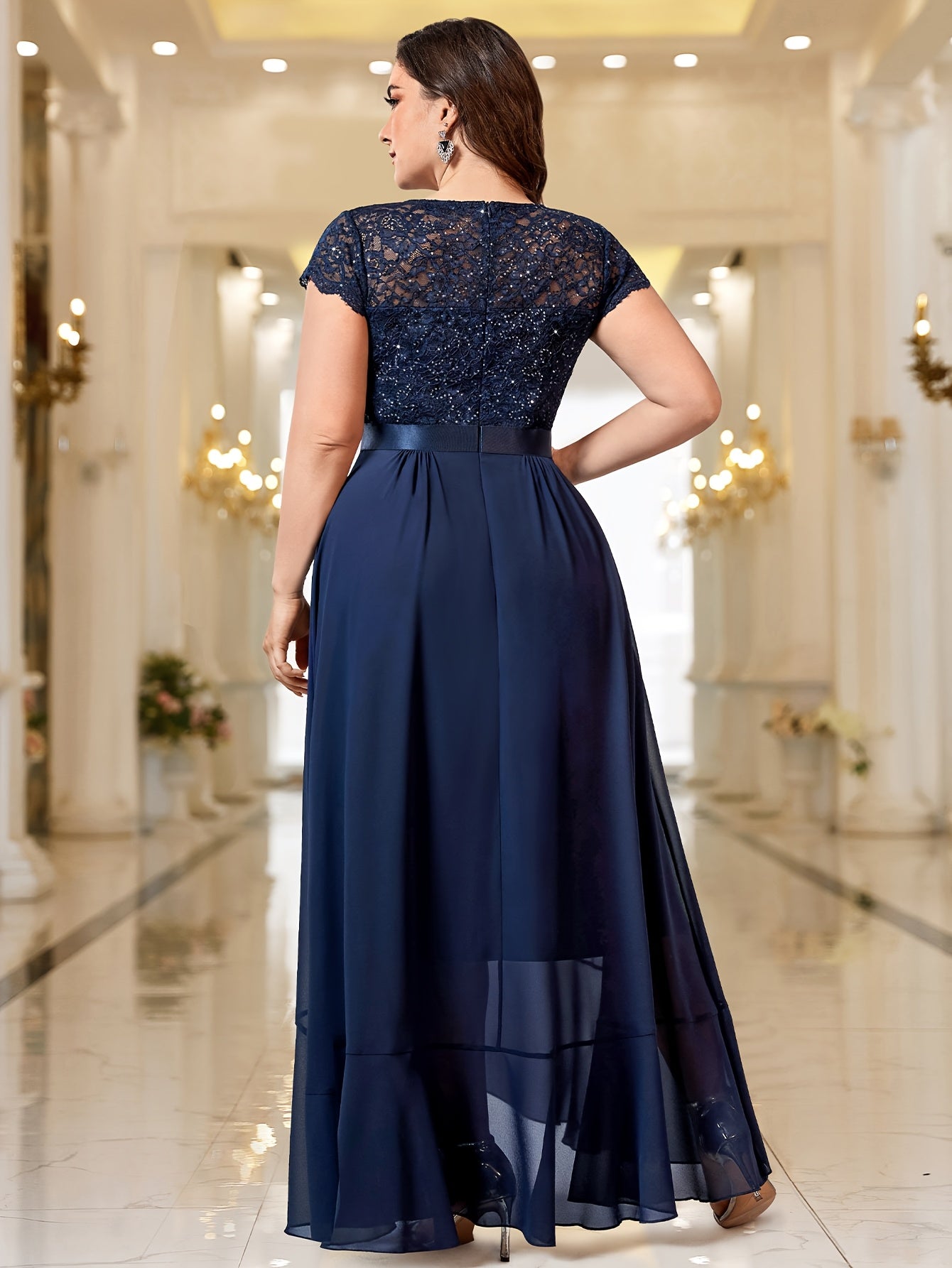 Plus Size Women's Long Dress with Sequin Lace Ruffle Hem Formal Party