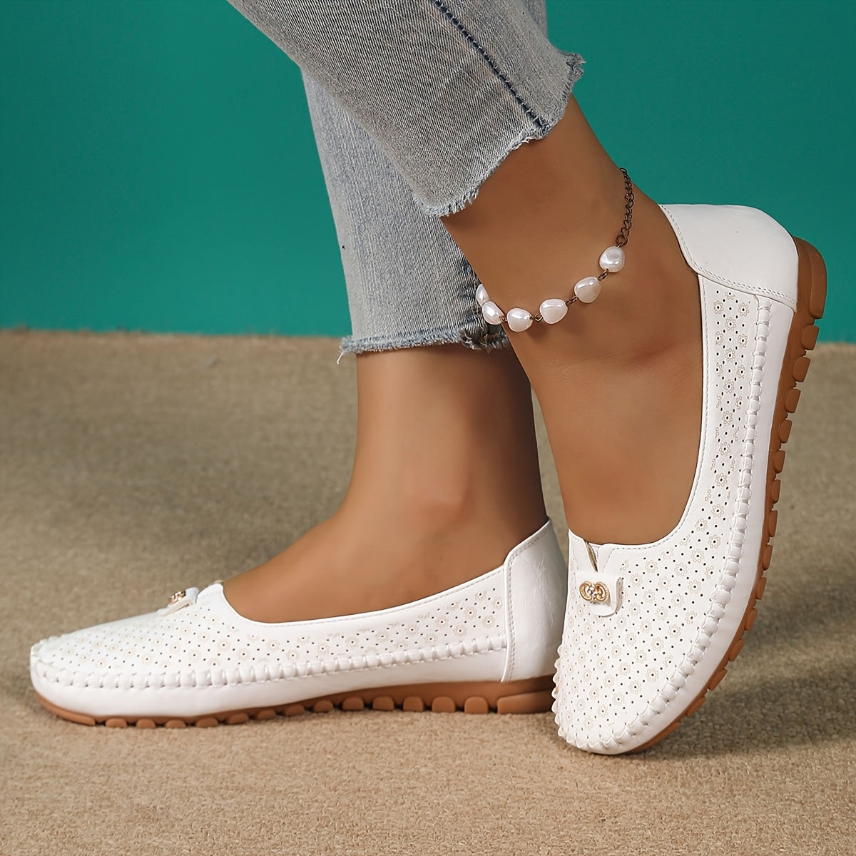 Women's Slip-On Loafers with Metallic Studs, Buckle, Anti-Slip Sole