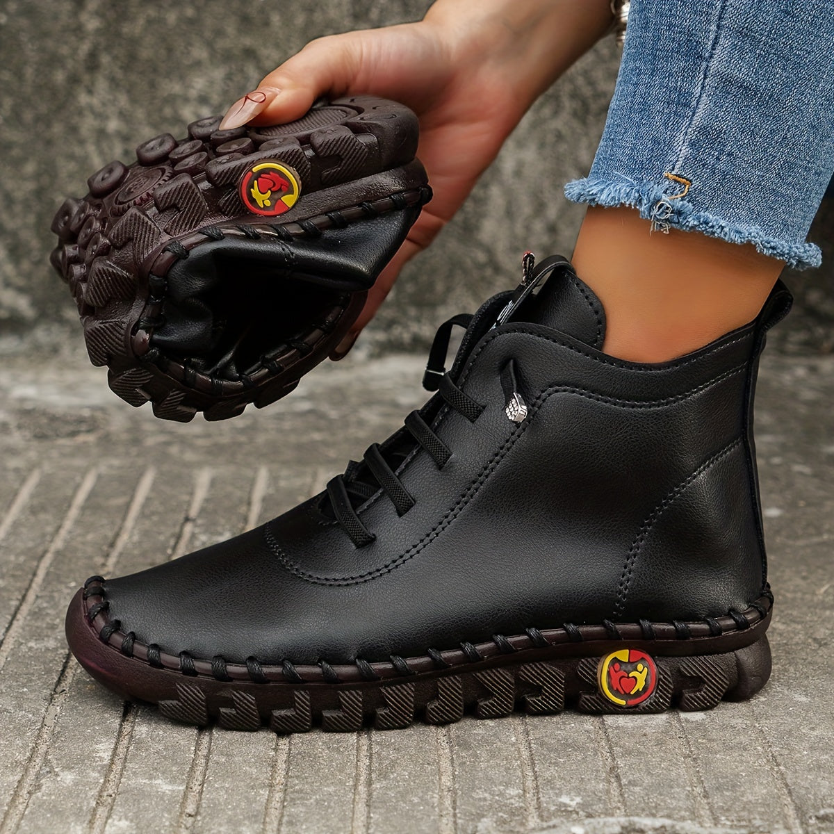 Women’s Solid Color Casual Boots, Platform Lace-Up Soft Sole, Round Toe