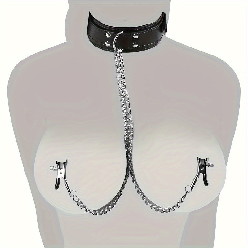 Adult Female Leather BDSM Choker with Adjustable Nipple Clamps 52cm