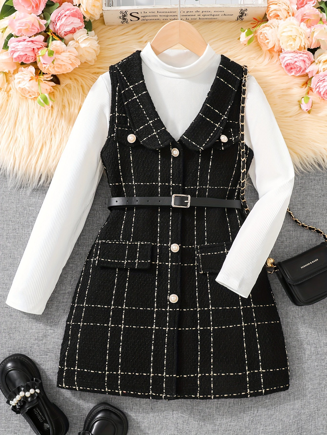 Детский комплект из платья в клетку и топа с высоким воротником, полиэстеровая смесь, весна-осень, для прогулок на улице