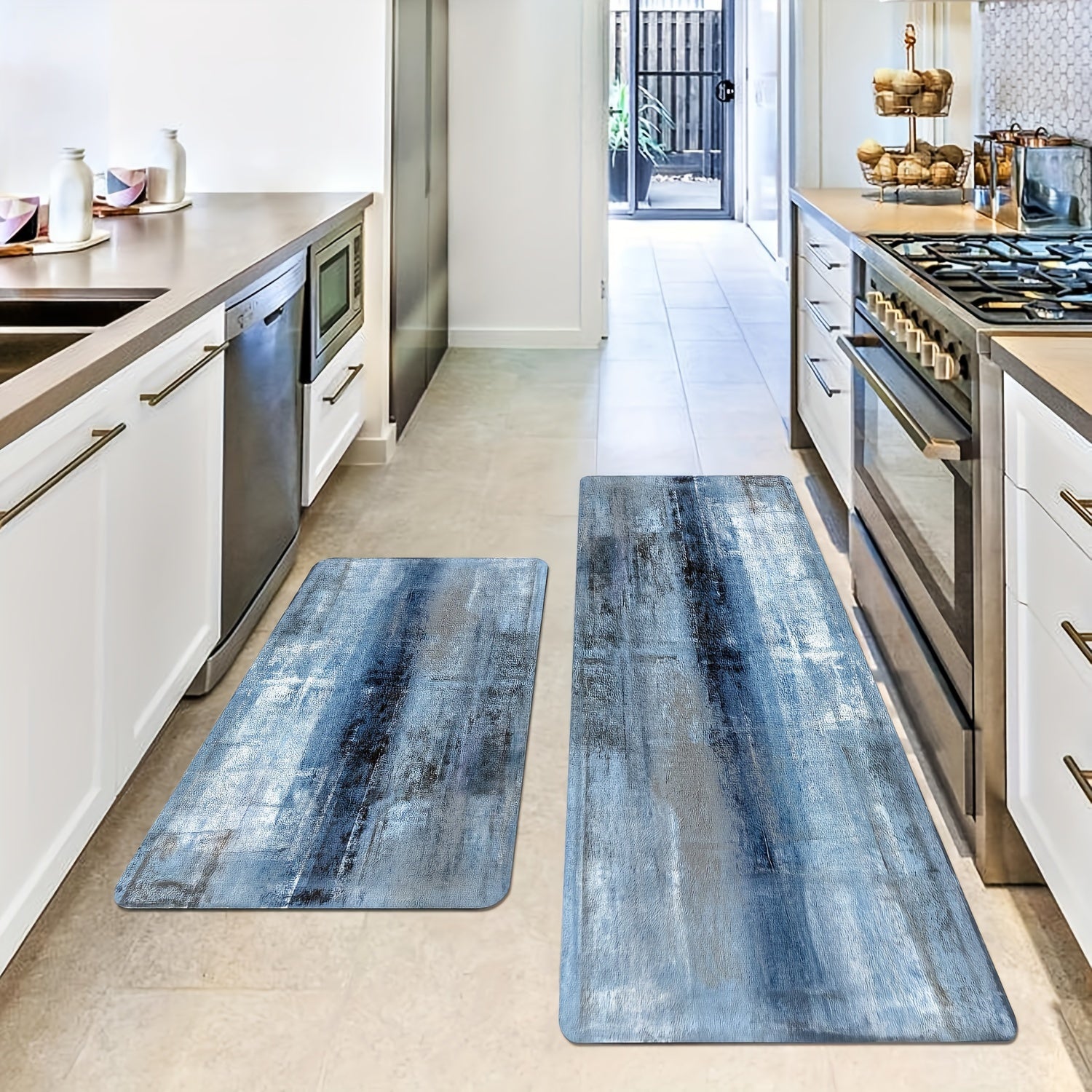 Denim Blue Tie-Dye Kitchen Mat 100% Polyester Durable Floor Rug for Modern Kitchens