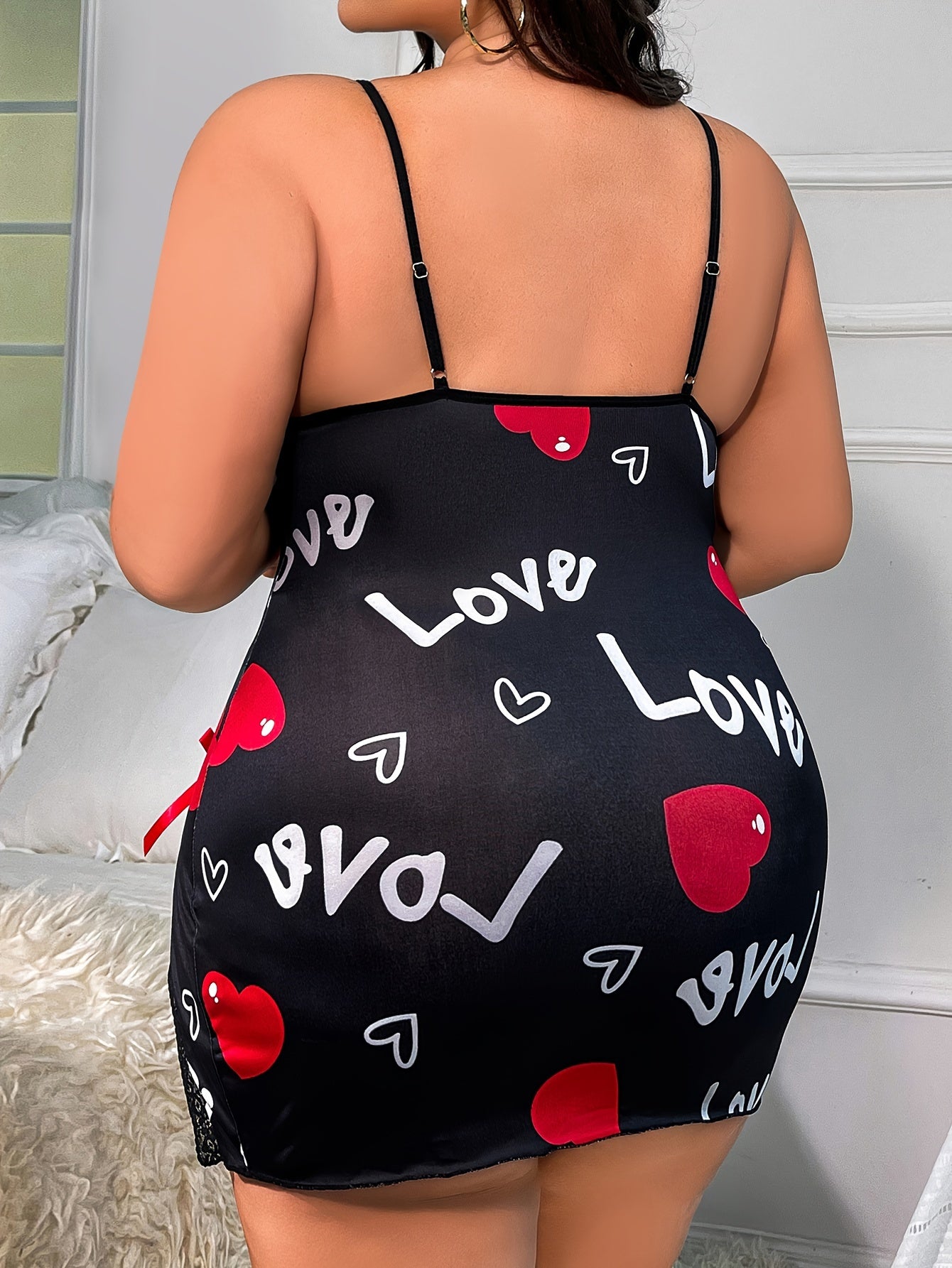 Plus Size Nightgown Lace-Trim V-Neck Sleepwear Geometric Heart Print