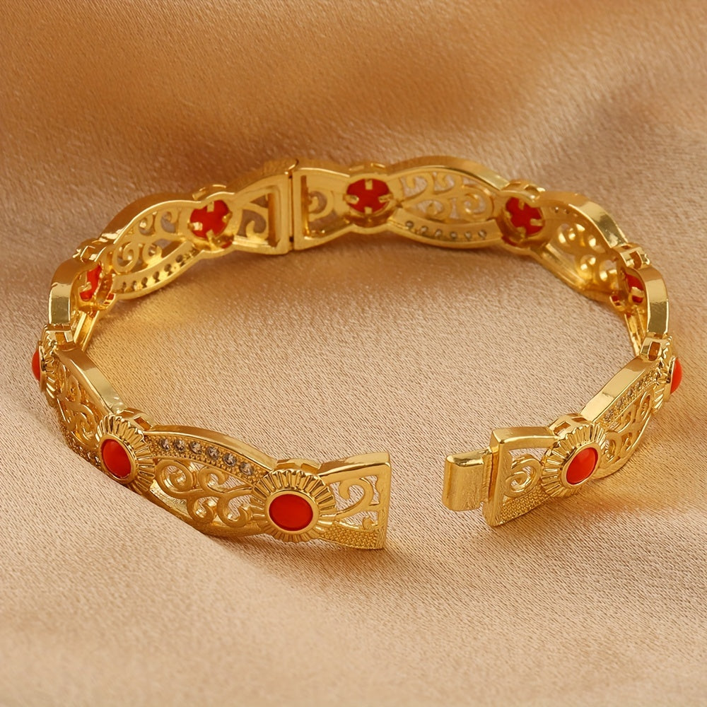 Women's Gold-Plated Copper Cuff Bracelet with Synthetic Stones and Zirconia Openwork Vintage Style Jewelry