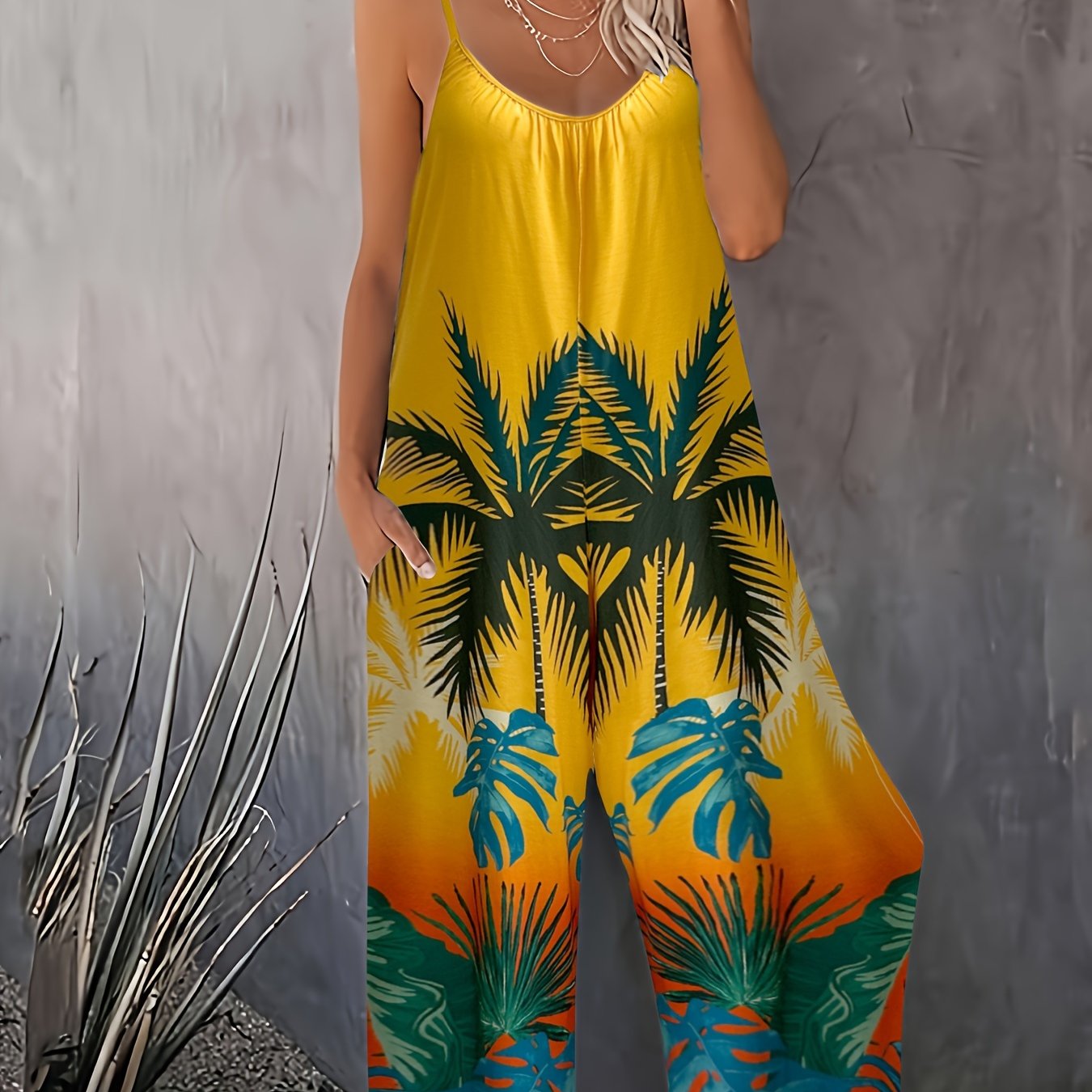 Женский комбинезон с цветочным принтом и широкими штанинами, с рюшей на подоле, повседневный без рукавов romper