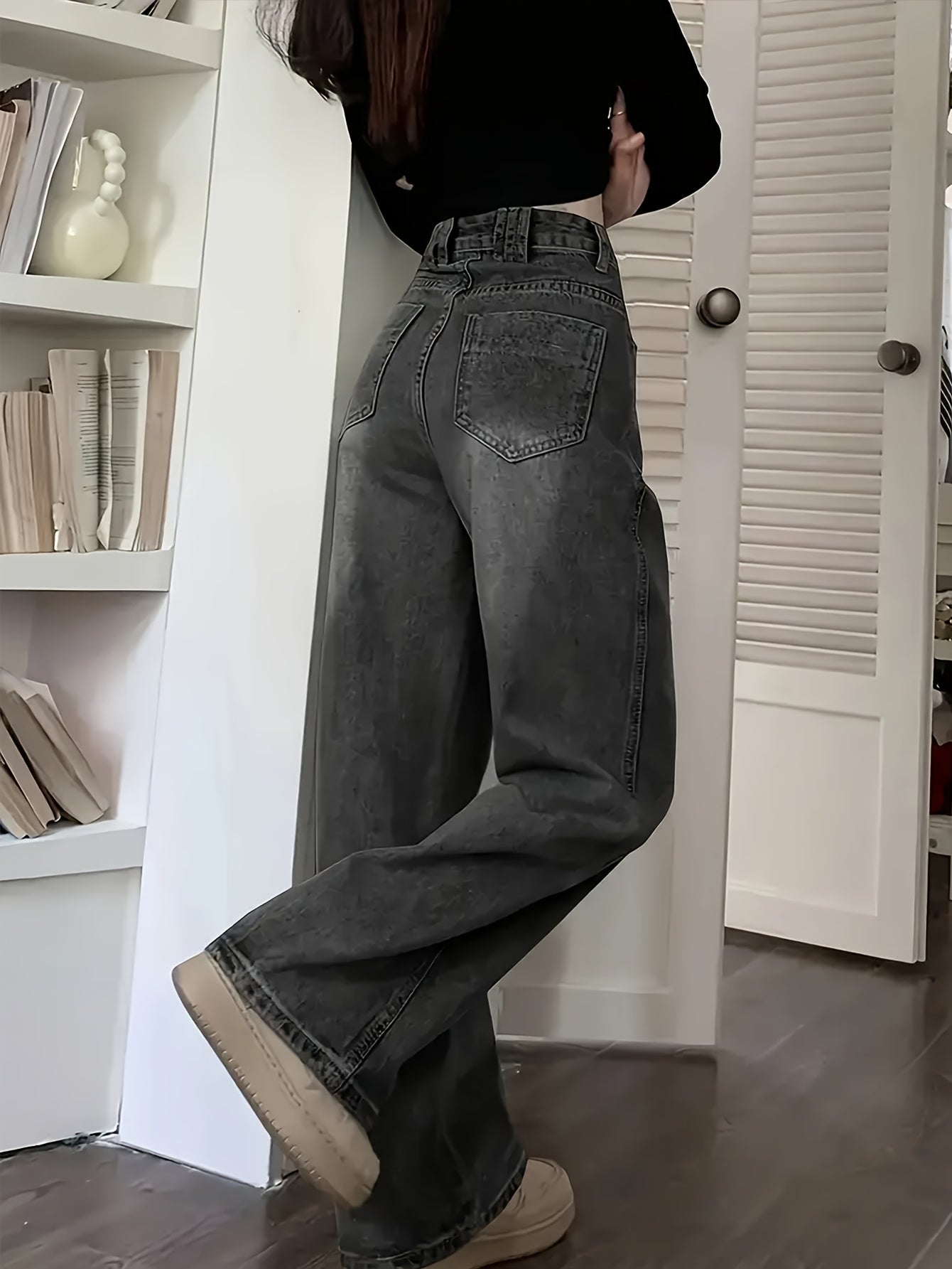 Women's Wide Leg Jeans Black Gray Denim Casual All-Season