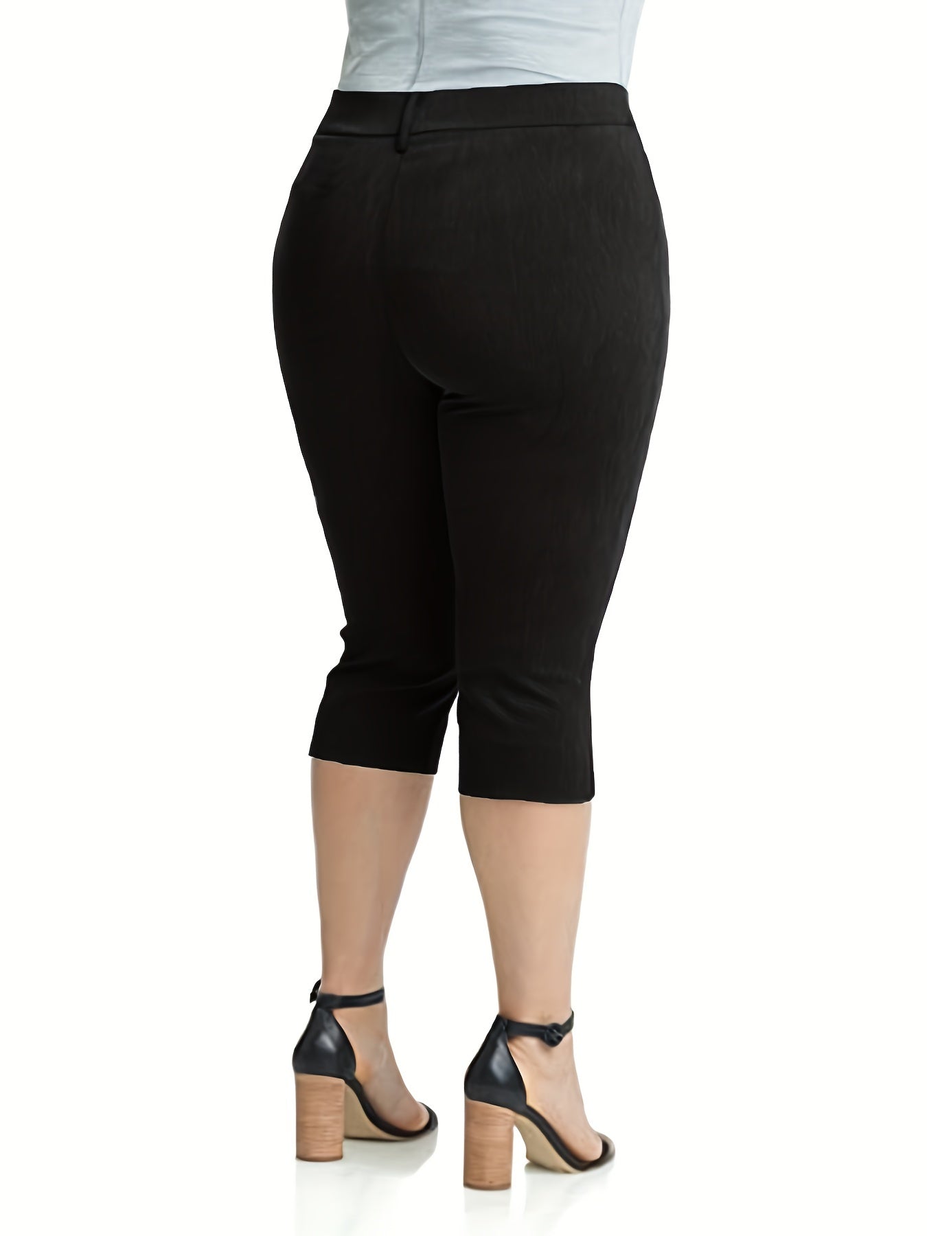 Women's Plus Size Solid Split Hem High Stretch Capri Pants with Pockets