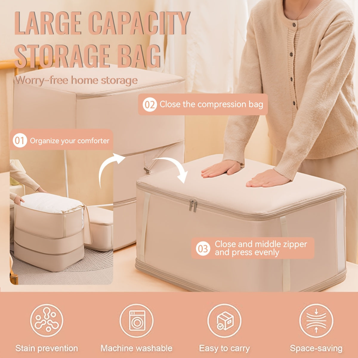 Portable Compression Storage Bag for Travel and Clothing Protection Gray Pink