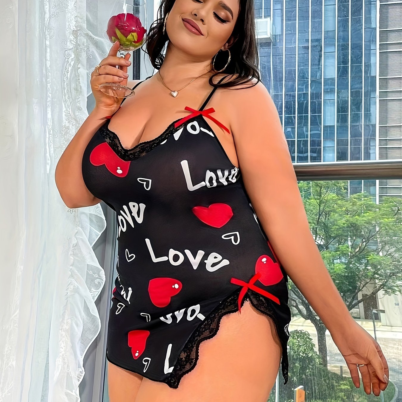 Plus Size Women's Lace Slip Dress with Heart Print and Bow Decor