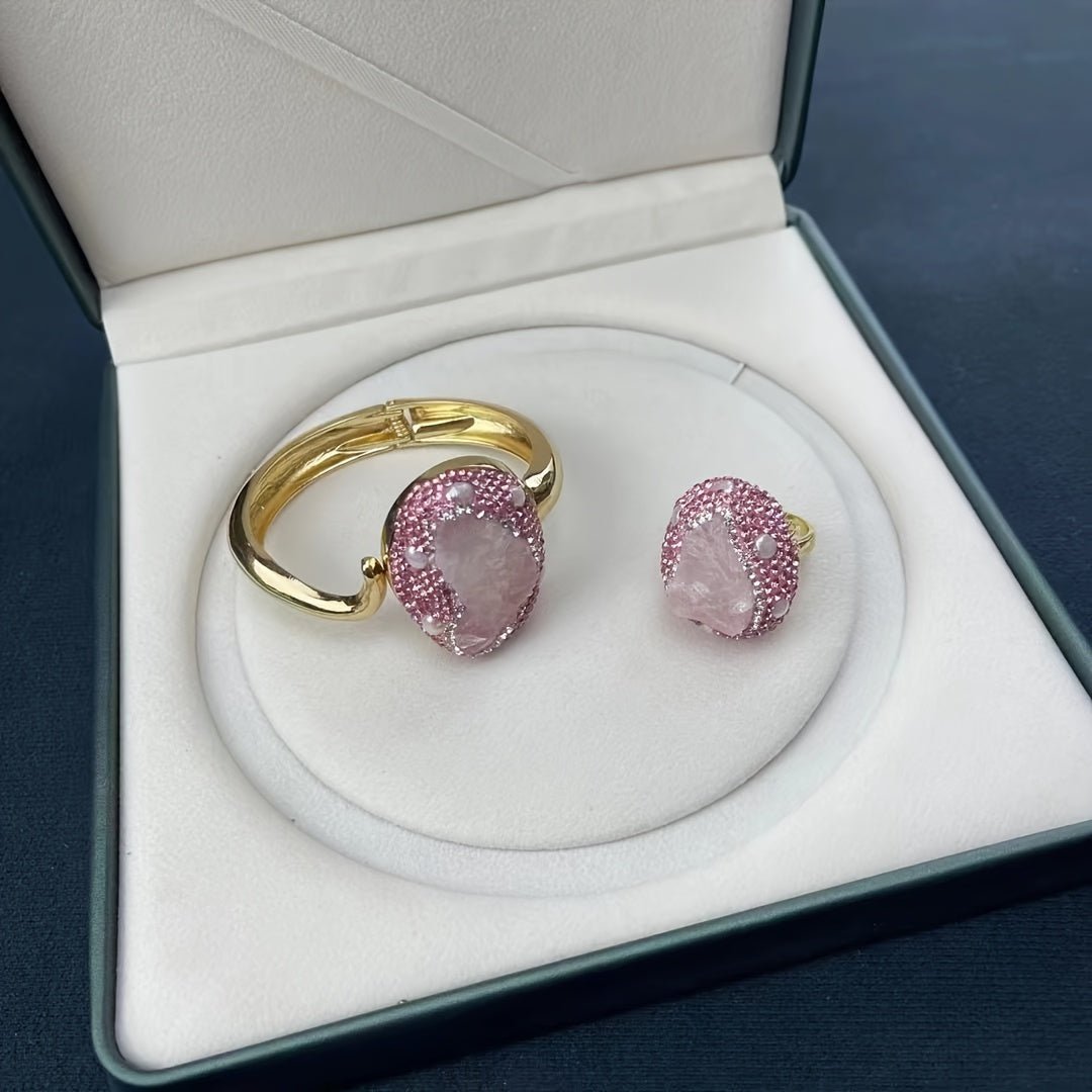 Women's Bohemian Pink Quartz Bracelet and Ring Set in 14K Gold Plated Titanium Alloy