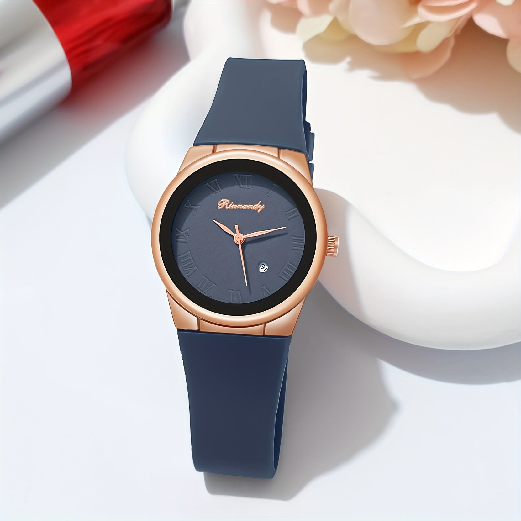 Women Quartz Watch with Silicone Band and Analog Calendar