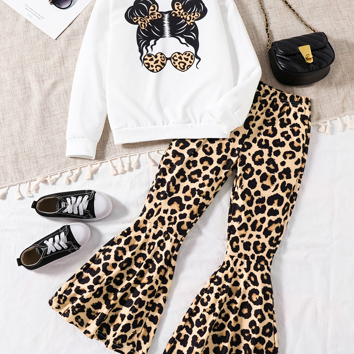 Girls' 2-Piece Outfit Sweatshirt and Leopard Flared Pants with Sunglasses for Spring Fall Kids