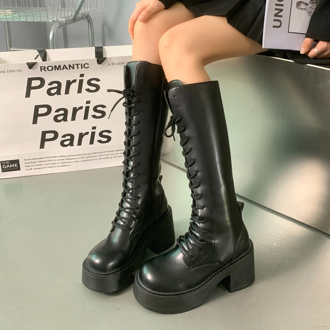 Women's Chunky Platform Ankle Boots Black Synthetic High Heels