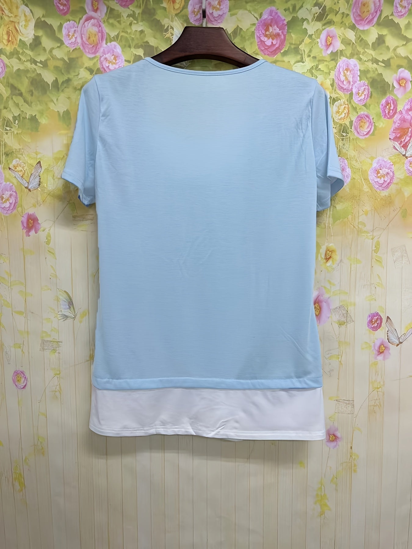 Camiseta de manga corta con bloques de color para mujer talla plus con cuello redondo
