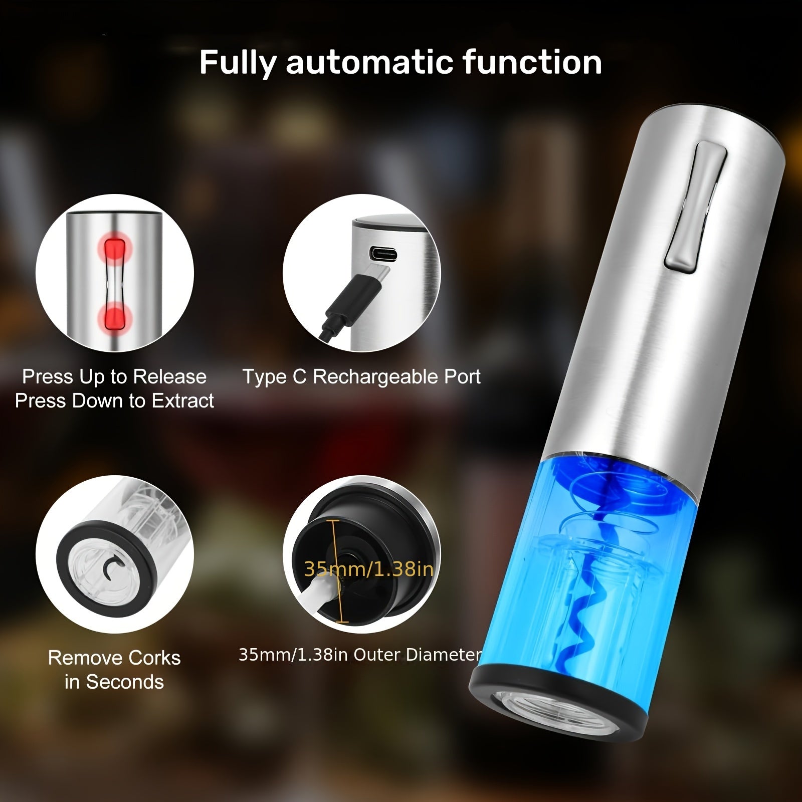 Qalin po'latdan yasalgan elektr taqiladigan shisha ochgich va qog'oz kesgich. TYPE-C qayta to'ldiriladigan dizayn, kuchli va bardoshli. Kichkina va portativ, ishlash uchun ko'rsatma chirog'i bilan. Shisha ochishni osonlashtiradi