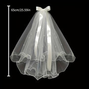 Women's Bridal Tulle Veil with Pearl Crown and Butterfly Knot for Weddings
