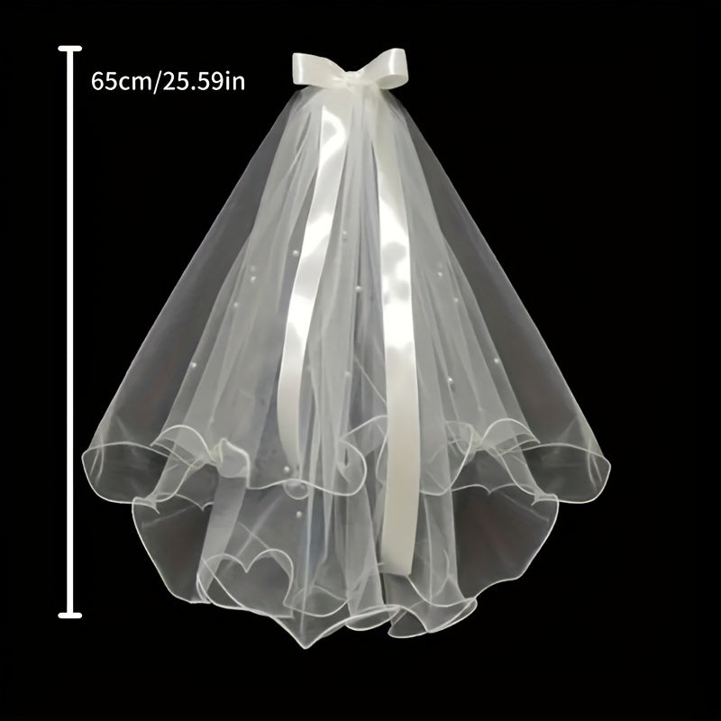 Women's Bridal Tulle Veil with Pearl Crown and Butterfly Knot for Weddings