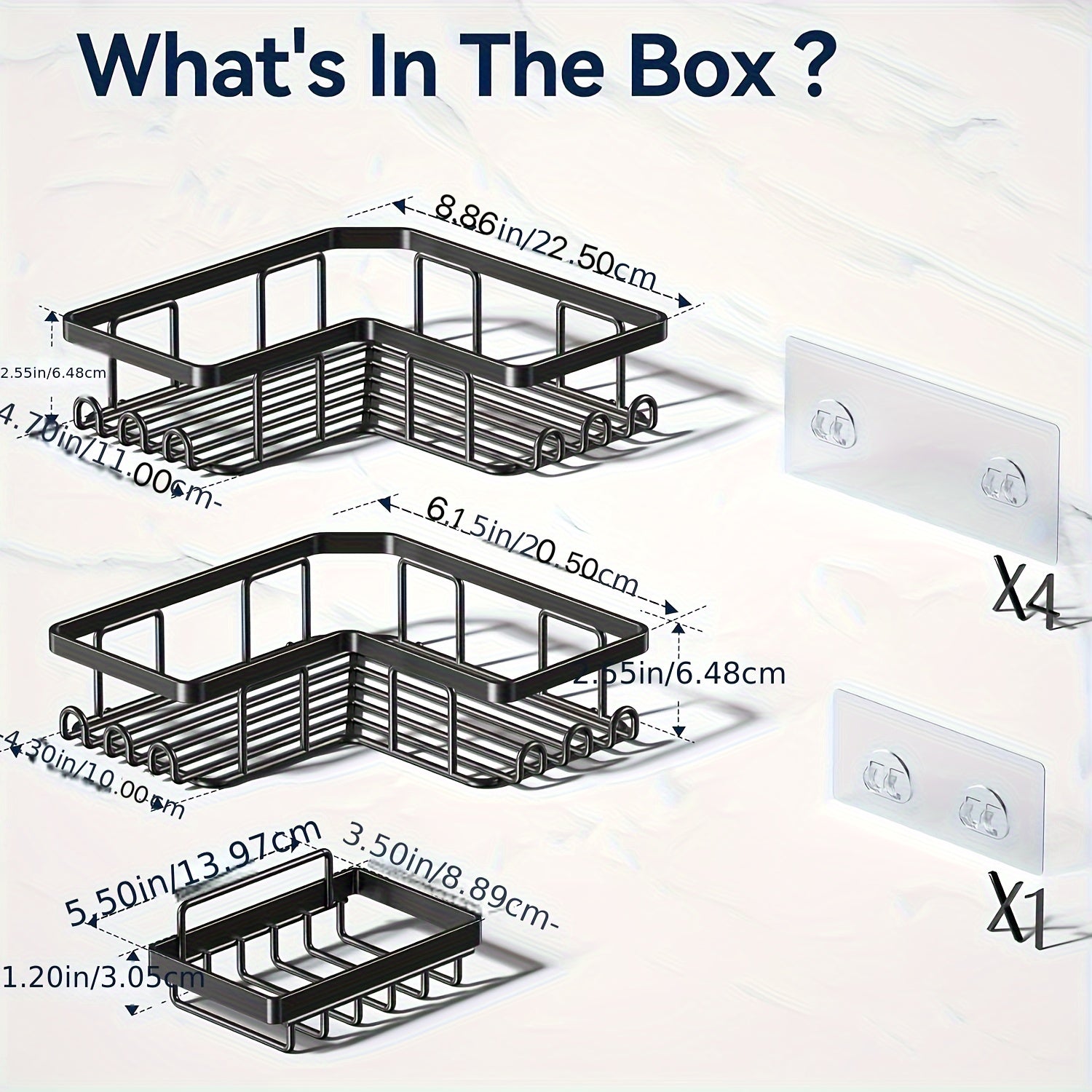 Corner Adhesive Shower Caddy with Soap Holder and Hooks Black Rustproof Stainless Steel Bathroom Organizer