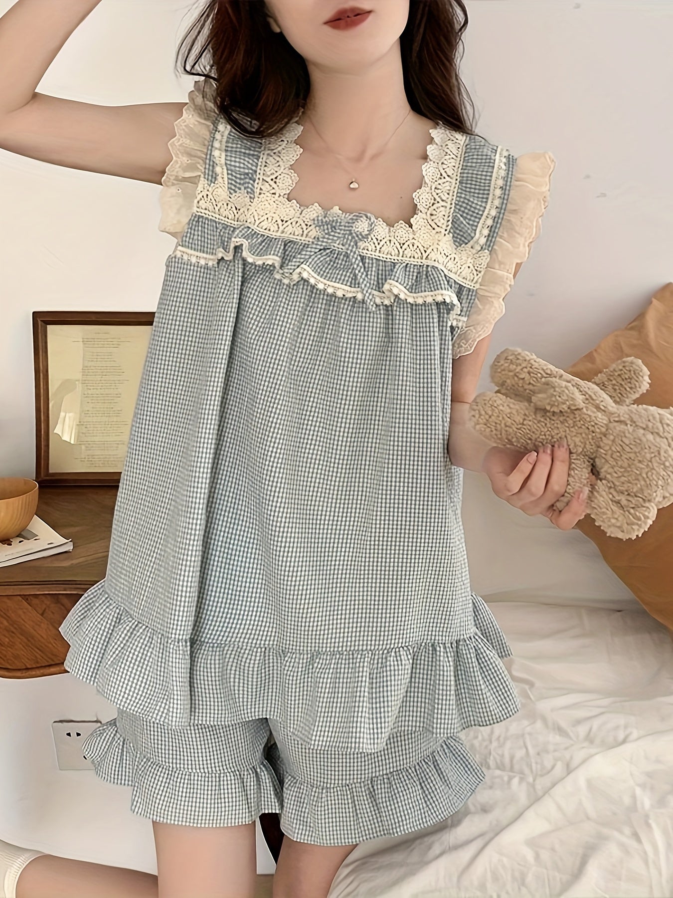 Women's Summer Pajama Set Sleeveless Plaid Short Sleeve Sleepwear for Women