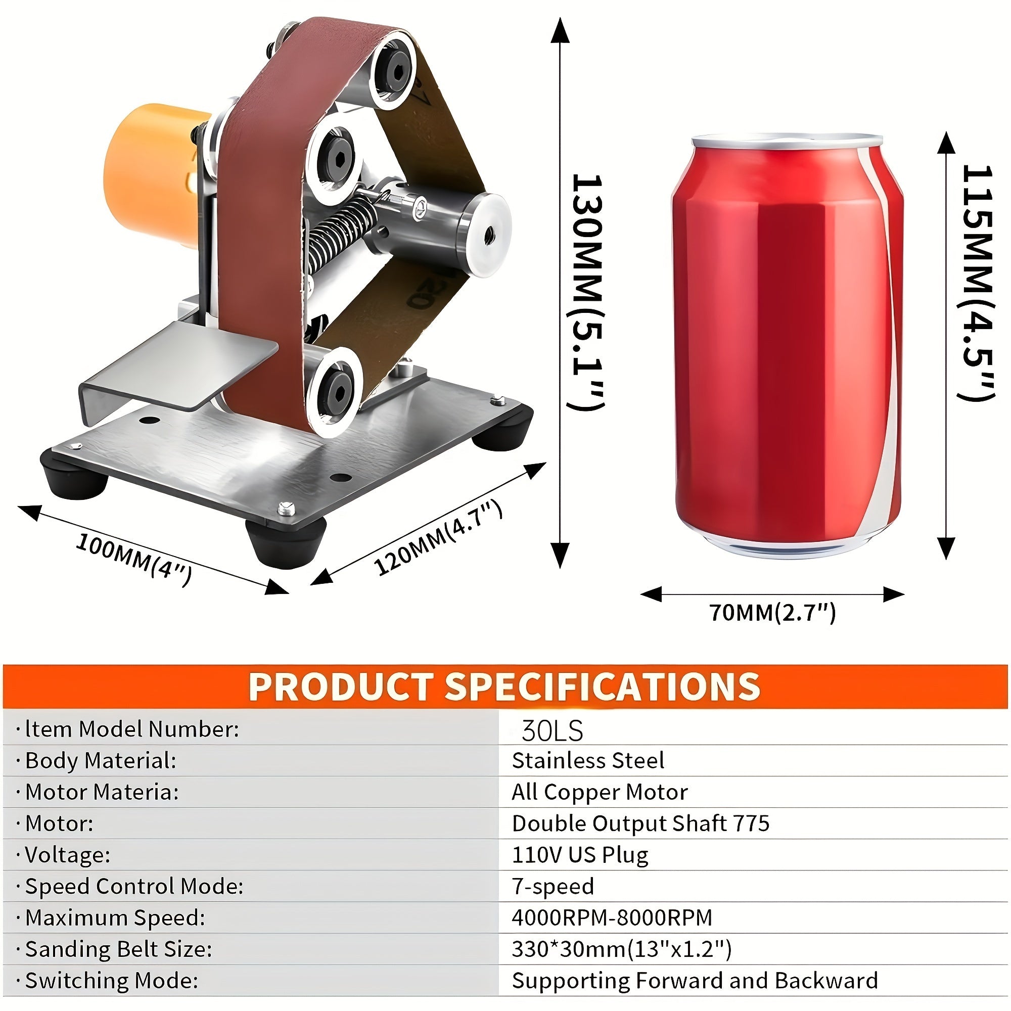 Electric Mini Belt Sander 7 Speeds 220V for Metal Wood Polishing Rust Removal