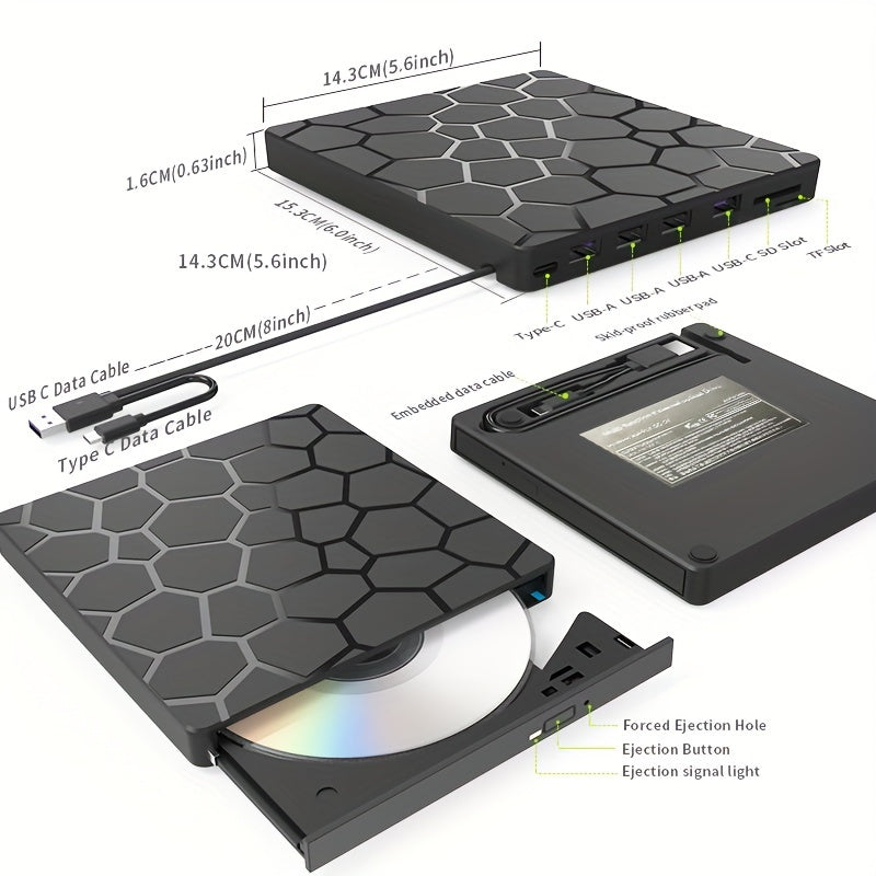 External USB 3.0 CD/DVD Drive for Laptops Hexagonal Design Supports CD VCD DVD Playback and Burning