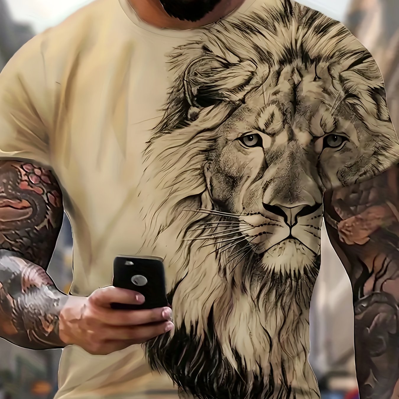 Camiseta de verano para hombre de talla grande con gráfico de león y manga corta casual