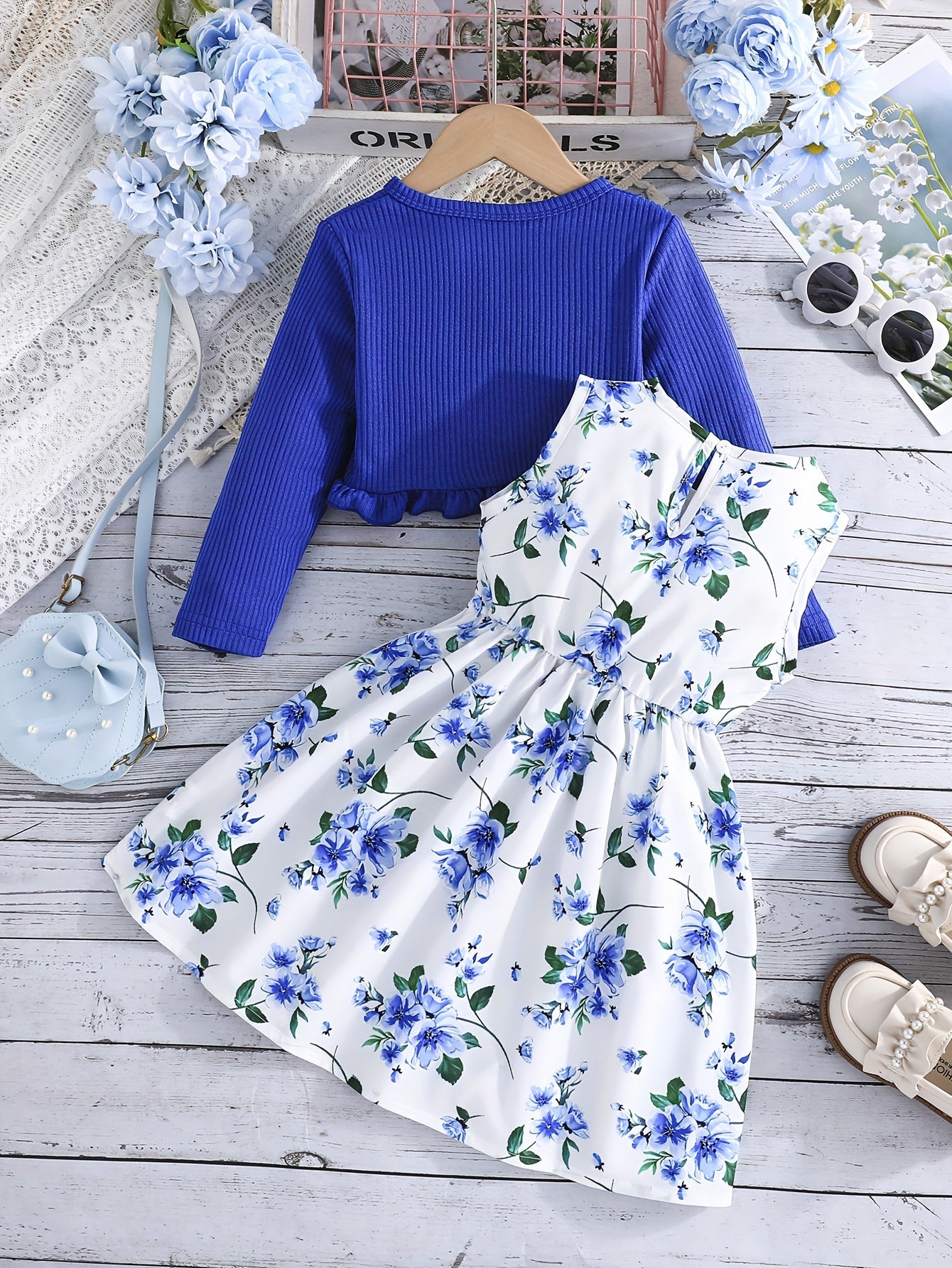 Girls Floral Print Vest Dress with Long Sleeve Jacket for Spring Fall