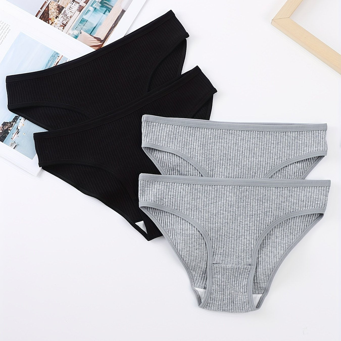 Set of 4 Women's Ribbed Cotton Briefs Comfortable Stretchy Lingerie Underwear
