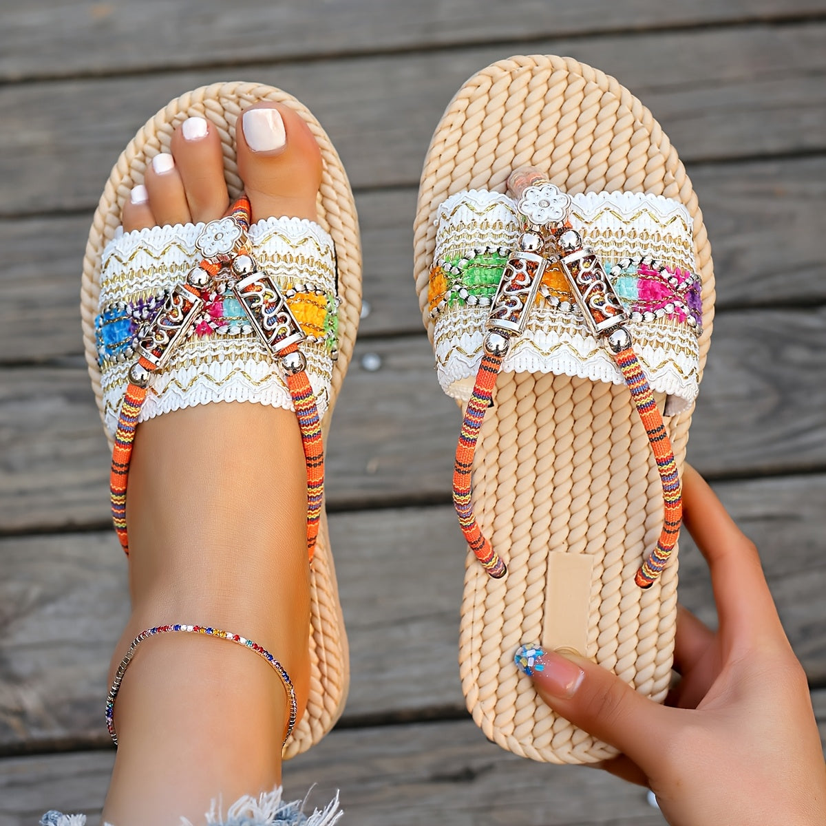 Women Boho Summer Slide Sandals Non-Slip Flat Open Toe Beaded Strappy