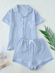 Women's Light Blue Heart Embroidery Pajama Set Short Sleeve Top and Shorts Sleepwear
