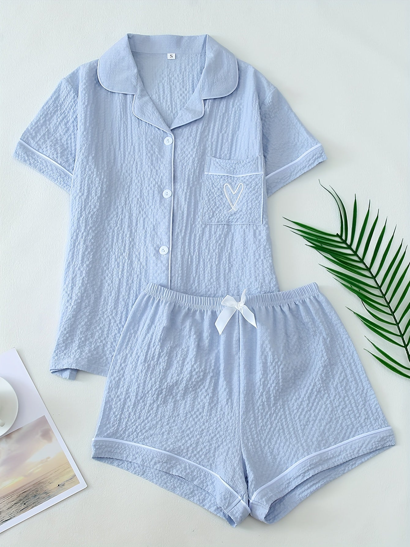 Women's Light Blue Heart Embroidery Pajama Set Short Sleeve Top and Shorts Sleepwear