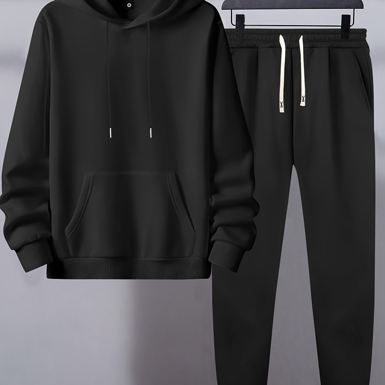 Men's Polyester Sweatsuit Set Hooded Sweatshirt and Joggers with Pockets Solid Color Regular Fit for Spring Fall