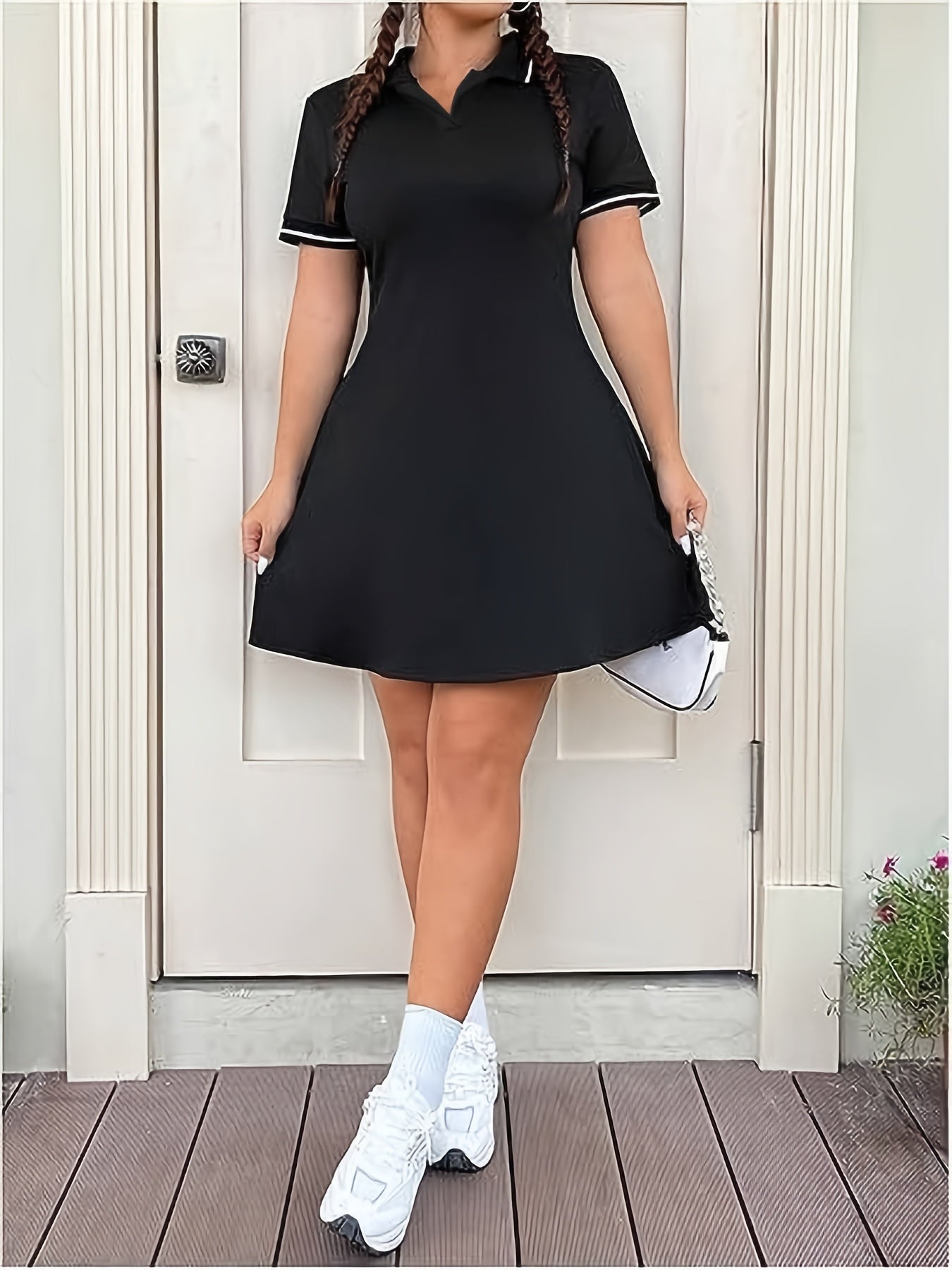 Women's Plus Size Black A-Line Dress with White Trim Short Sleeve Summer Outing Golf Tennis