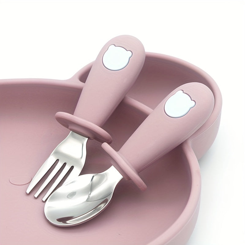 Bola va kichkina bolalar uchun idishlar to'plami, silikon Panda tutqichli zanglamaydigan po'latdan yasalgan vilka va qoshiq