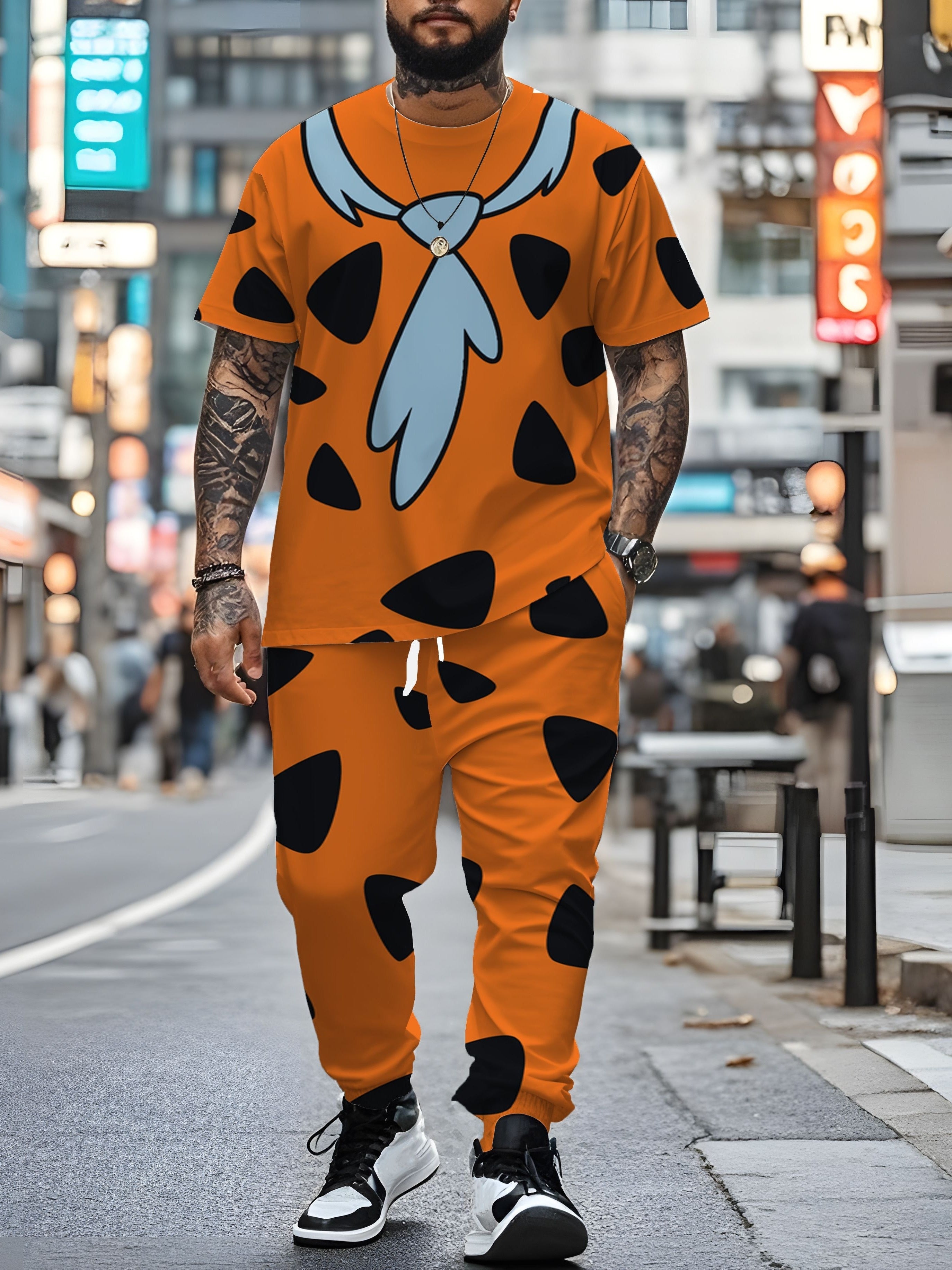 Men's Plus Size Pumpkin Yellow Casual Outfit with "Crazy" Man Print Knit Fabric