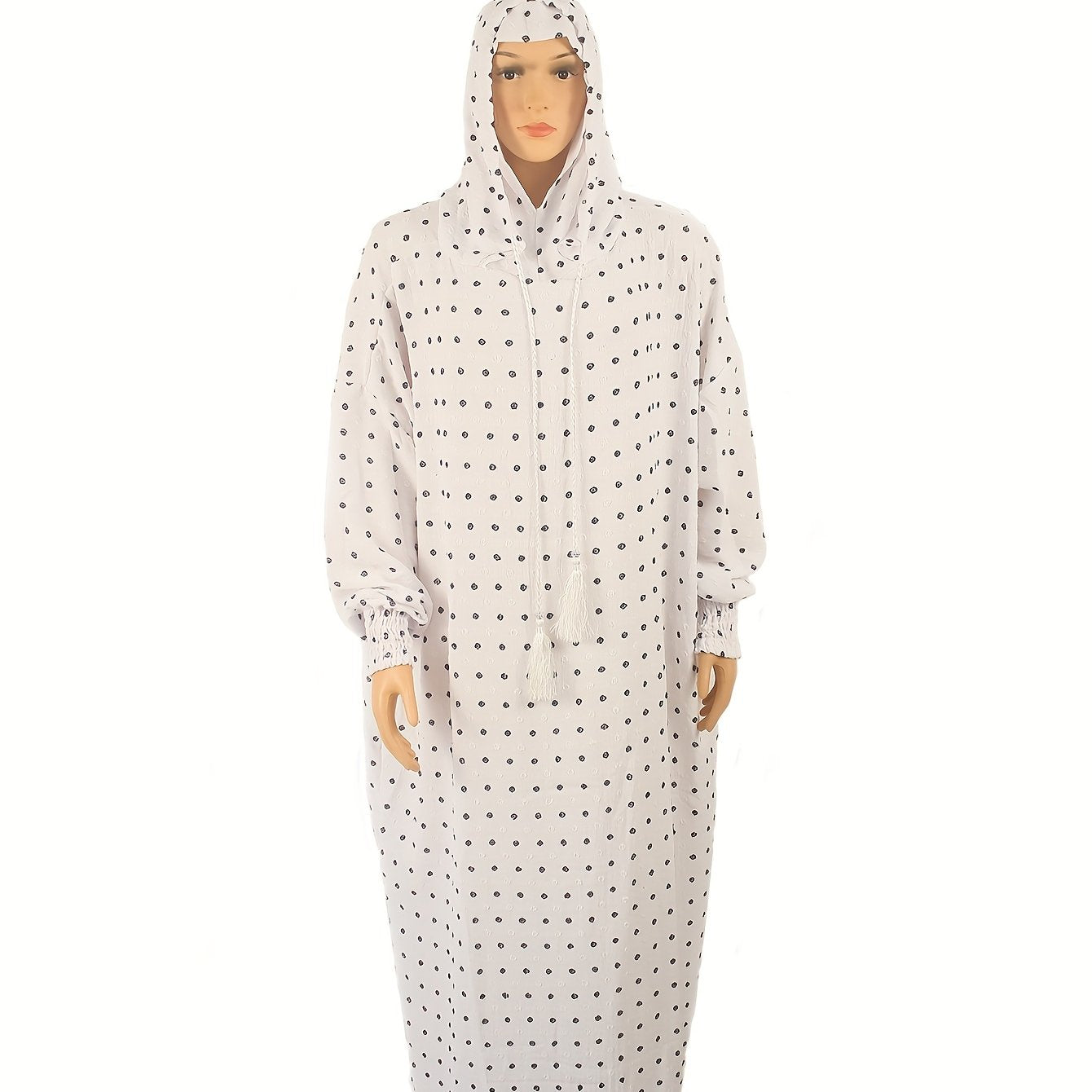 Plus o'lchamli polka nuqta abaya kaftan bo'sh fit maxi kiyim bilan kapşonli oq qora
