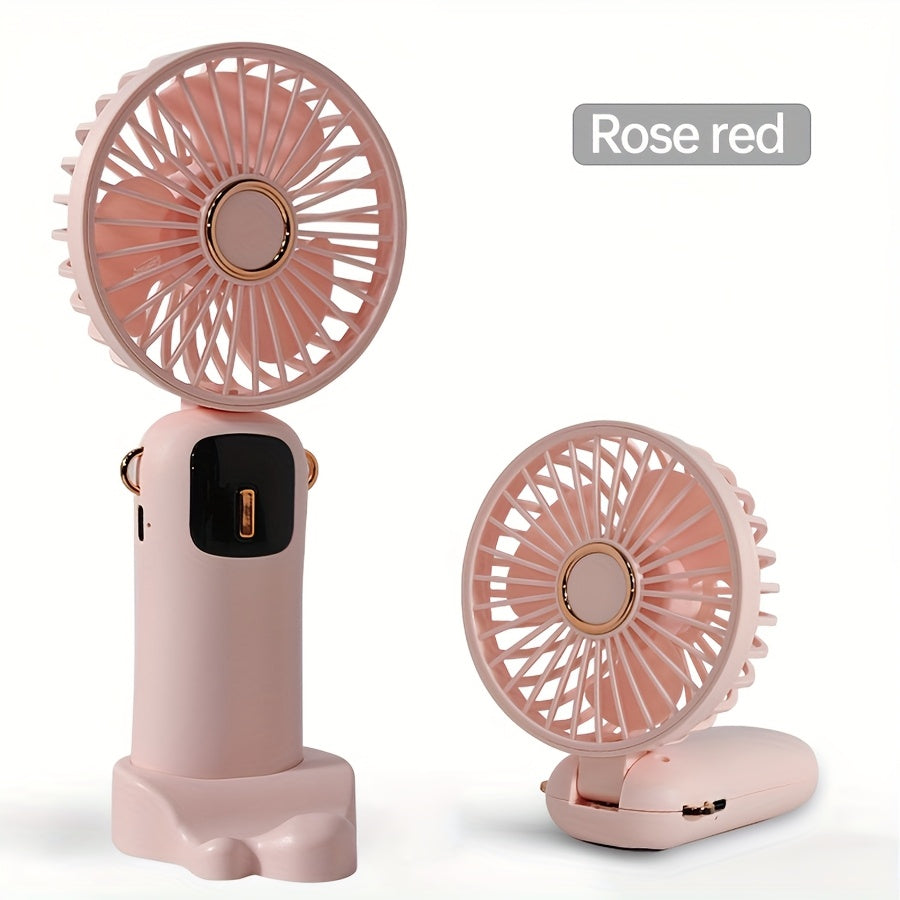 Portable Handheld Fan with Phone Stand, USB Rechargeable, 3-Speed, LED Display