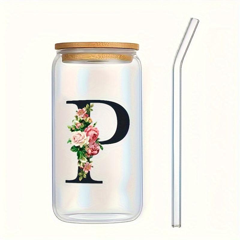 Flowers Drinking Glass with Bamboo Lid and Straw 16oz Coffee Mug for Women Girls